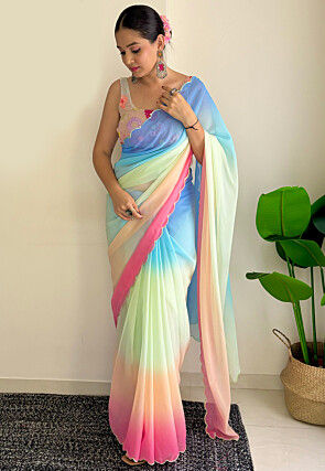 Scalloped Georgette Saree in Multicolor