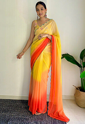 Scalloped Georgette Saree in Shaded Yellow and Orange