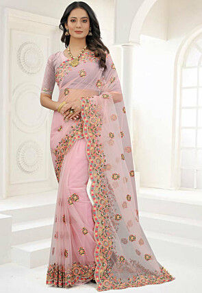 Scalloped Net Saree in Light Pink