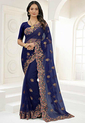 Scalloped Net Saree in Navy Blue