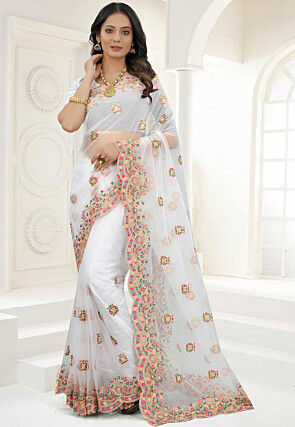 Scalloped Net Saree in Off White