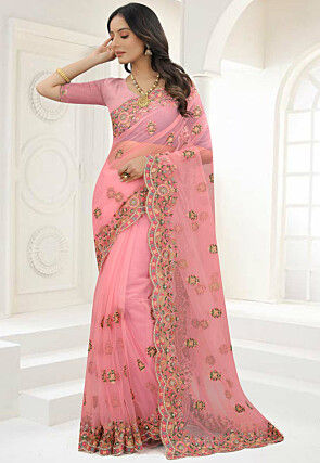 Scalloped Net Saree in Pink
