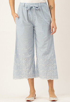 Schiffli Embroidered Pure Cotton Pant in Blue and White
