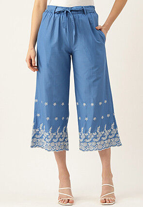 Schiffli Embroidered Pure Cotton Pant in Blue