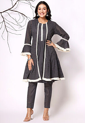 Schiffli Cotton Co Ord Set in Dark Grey