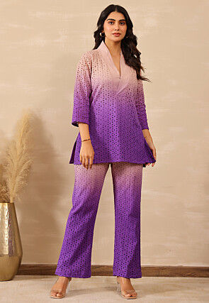 Schiffli Cotton Tunic Set in Shaded Purple