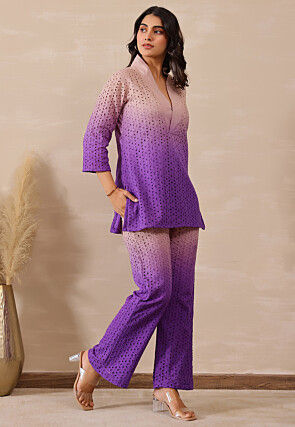 Schiffli Cotton Tunic Set in Shaded Purple