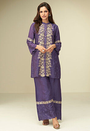 Schiffli Chinon Chiffon Co ord Kurta Set in Purple