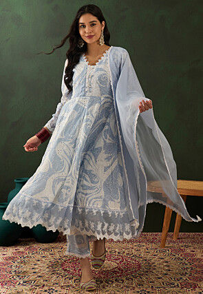 Schiffli Embroidered Cotton Blend Anarkali Suit in Light Blue
