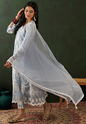 Schiffli Embroidered Cotton Blend Anarkali Suit in Light Blue