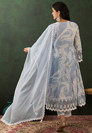Schiffli Embroidered Cotton Blend Anarkali Suit in Light Blue