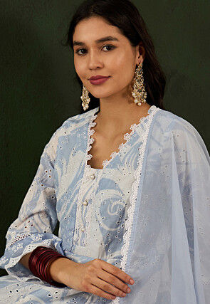 Schiffli Embroidered Cotton Blend Anarkali Suit in Light Blue