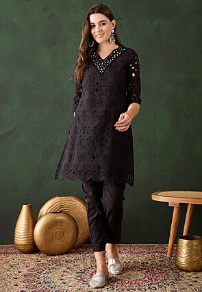 Schiffli Embroidered Cotton Scalloped Straight Kurta Set in Black