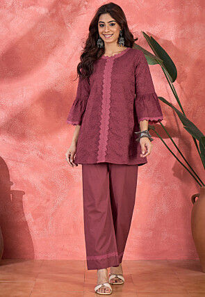 Schiffli Embroidered Cotton Tunic Set in Maroon