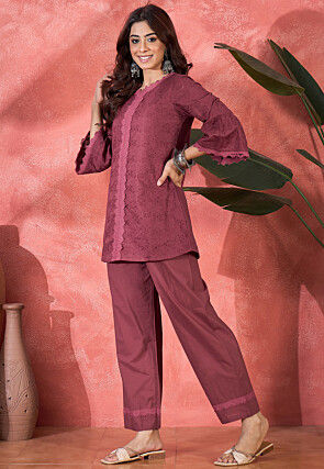 Schiffli Embroidered Cotton Tunic Set in Maroon