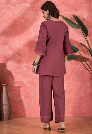 Schiffli Embroidered Cotton Tunic Set in Maroon