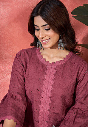 Schiffli Embroidered Cotton Tunic Set in Maroon