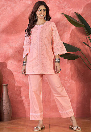 Schiffli Embroidered Cotton Tunic Set in Peach