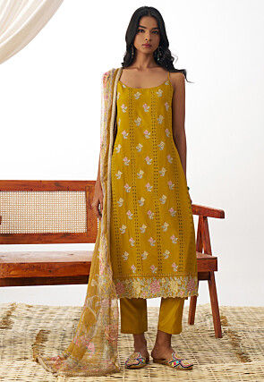 Schiffli Embroidered Organza Scalloped Pakistani Suit in Mustard