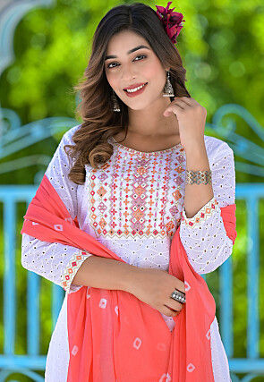 Schiffli Pure Cotton Schiffli Pakistani Suit in Off white