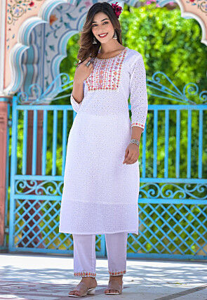 Schiffli Pure Cotton Schiffli Pakistani Suit in Off white