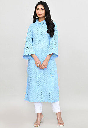 Schiffli Pure Cotton Straight Kurta Set in Sky Blue