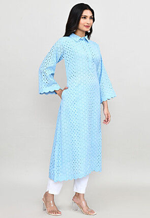 Schiffli Pure Cotton Straight Kurta Set in Sky Blue