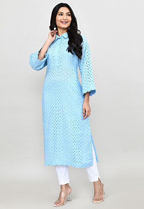 Schiffli Pure Cotton Straight Kurta Set in Sky Blue