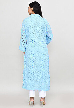 Schiffli Pure Cotton Straight Kurta Set in Sky Blue