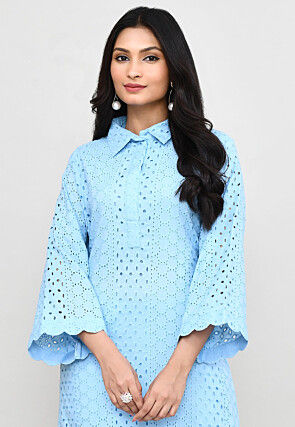 Schiffli Pure Cotton Straight Kurta Set in Sky Blue