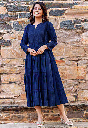Schiffli Pure Cotton Tiered Kurta in Navy Blue