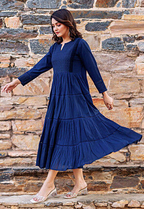 Schiffli Pure Cotton Tiered Kurta in Navy Blue