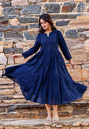 Schiffli Pure Cotton Tiered Kurta in Navy Blue