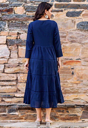 Schiffli Pure Cotton Tiered Kurta in Navy Blue