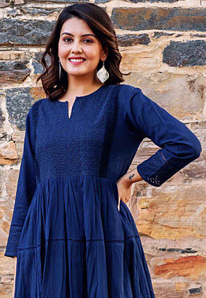 Schiffli Pure Cotton Tiered Kurta in Navy Blue