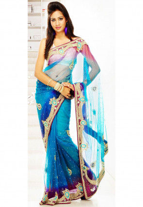 Embroidered Net Saree in Turquoise 