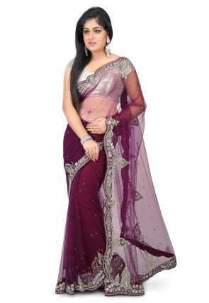Hand Embroidered Net Saree in Wine