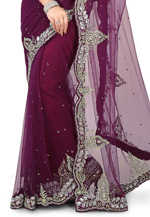 Hand Embroidered Net Saree in Wine