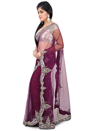 Hand Embroidered Net Saree in Wine