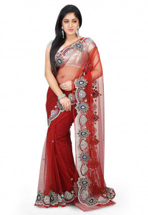Hand Embroidered Net Saree in Red