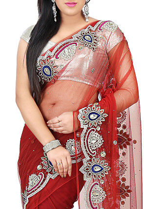 Hand Embroidered Net Saree in Red