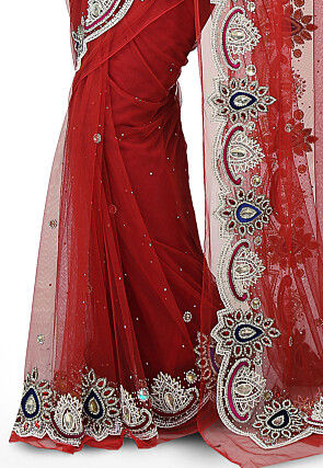 Hand Embroidered Net Saree in Red