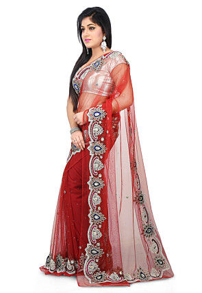 Hand Embroidered Net Saree in Red