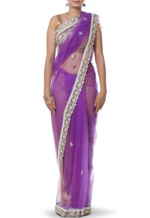 Hand Embroidered Net Saree in Purple