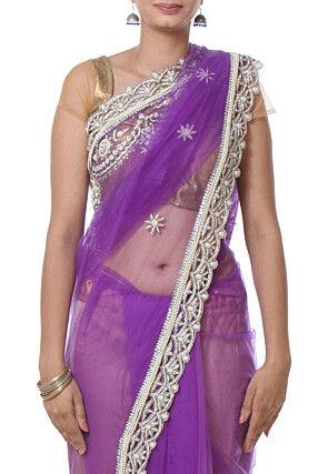 Hand Embroidered Net Saree in Purple
