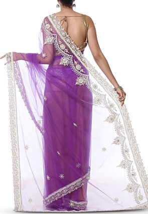 Hand Embroidered Net Saree in Purple