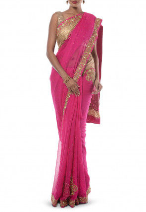 Hand Embroidered Chiffon Saree in Pink