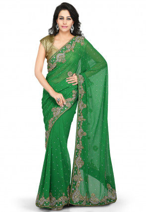 Embroidered Georgette Saree in Green