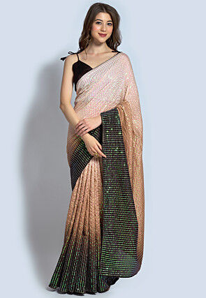 Sequined Art Silk Saree in Beige and Brown Ombre sarees