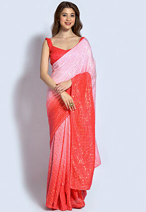 Sequined Art Silk Saree in Pink and Peach Ombre sarees